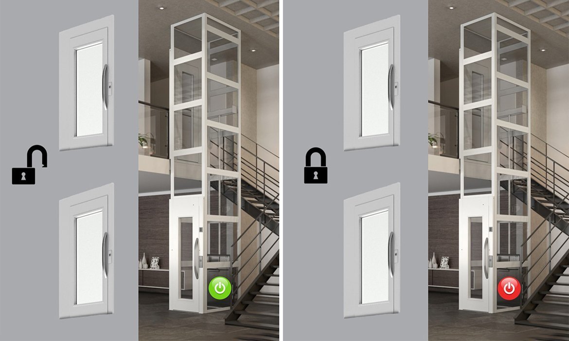 Central lock for cabin lifts and platform lifts